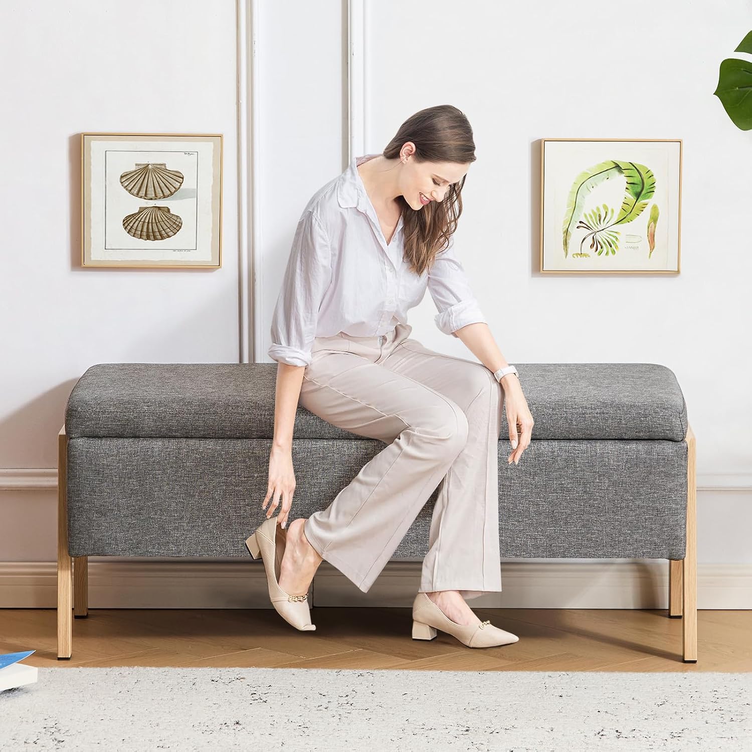 Furniliving Storage Bench for Bedroom, Modern End of Bed Storage Ottoman Bench, Upholstered Linen Ottoman Bench with Metal Legs, Folding Bedroom Bench for Living Room, Entryway, Grey