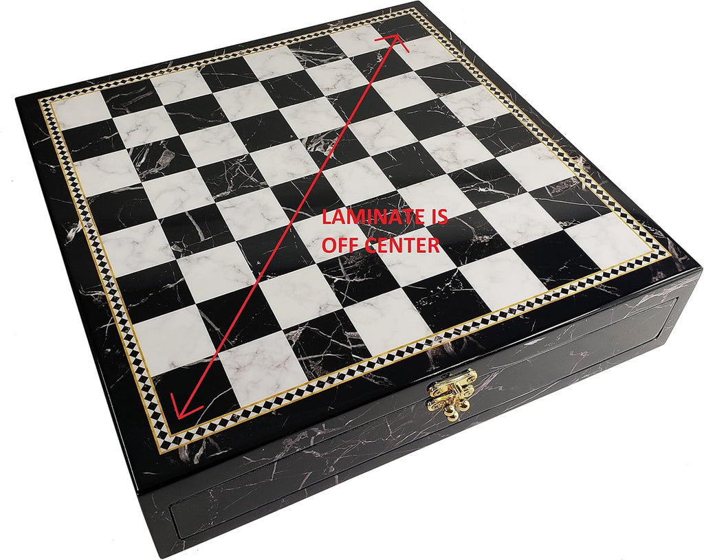 17" High Gloss Chess Storage Board Chest W/ 2 Drawers Black and White Faux Marble Color