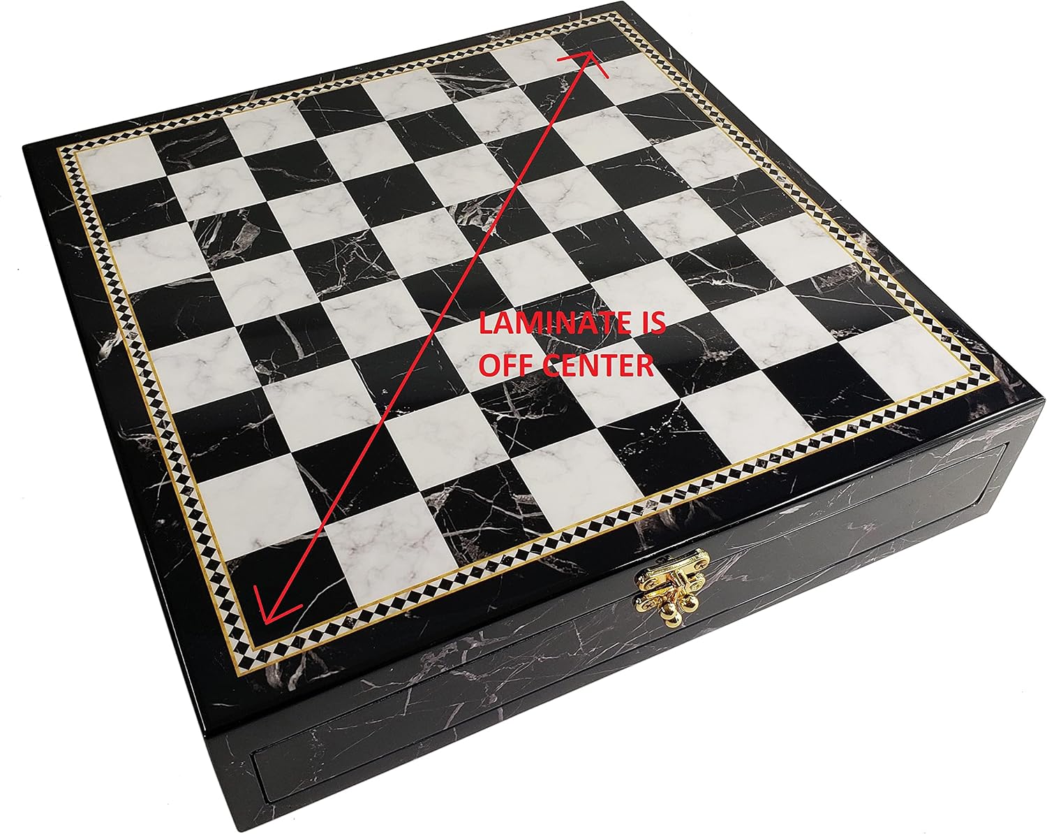 17" High Gloss Chess Storage Board Chest W/ 2 Drawers Black and White Faux Marble Color