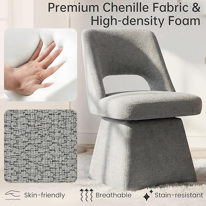 VKNOW Upholstered Swivel Dining Chairs, Modern Dining Room Chairs with Open Back, Chenille Fabric Kitchen Chairs for Dining Room, Living Room, Bedroom, Vanity, Grey(1 Pack)