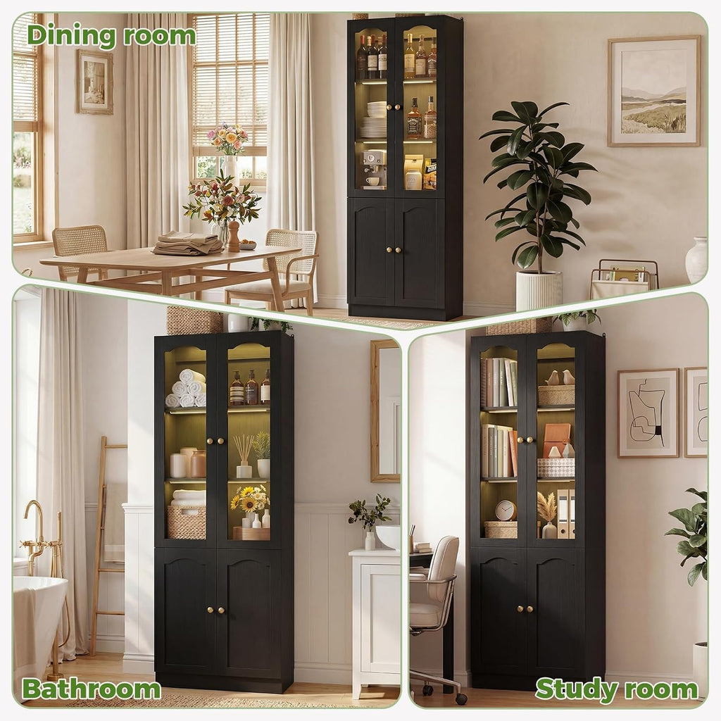 Cyclysio 80" Tall Pantry Cabinet with Arched Glass Doors and Lower Storage Cabinet, Black Kitchen Pantry Storage Cabinet with Interior Motion Sensor Light, Adjustable Shelf, Baseboard Cutout