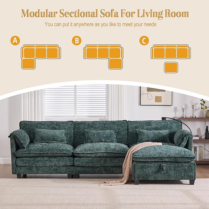 Ball & Cast Modular Sectional Sofa,Comfy Cloud Couch with Movable Storage Ottoman,L Shaped Sectional Sofa W/USB Charging Port,Phone Holder and Side Pocket,Chenille Fabric,for Living Room,Emerald,109"
