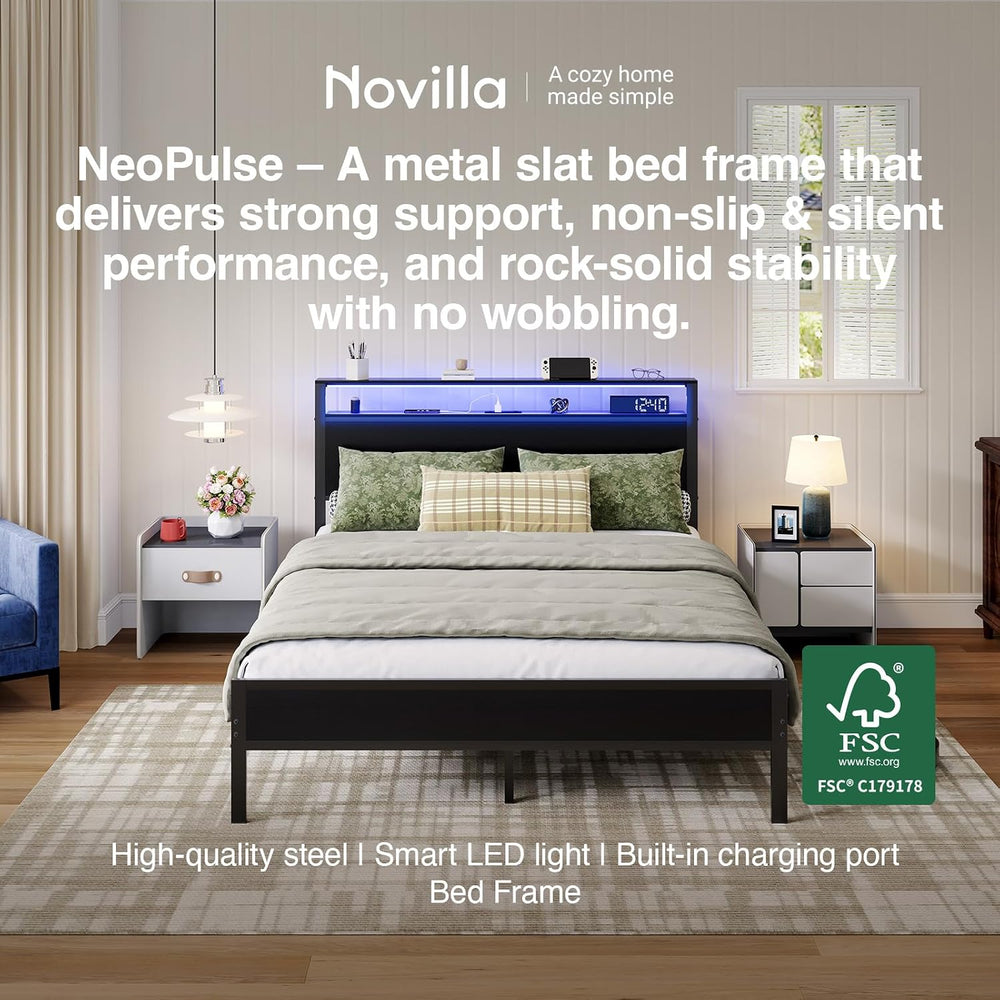 Novilla Full Bed Frame with LED Lights and Charging Station, Metal Platform B...