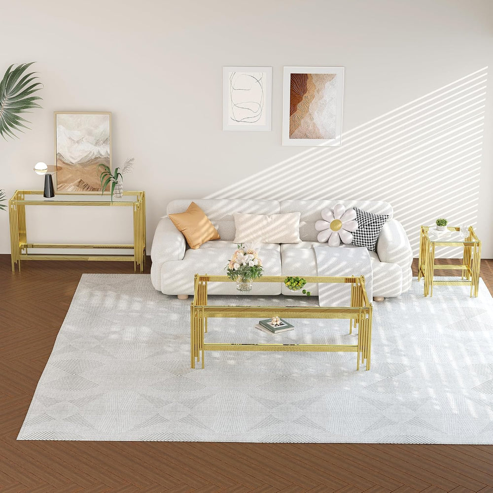 AF ARTISAN FURNITURE Glass Coffee Table Set of 3, Gold 2-Tier Clear Tempered ...