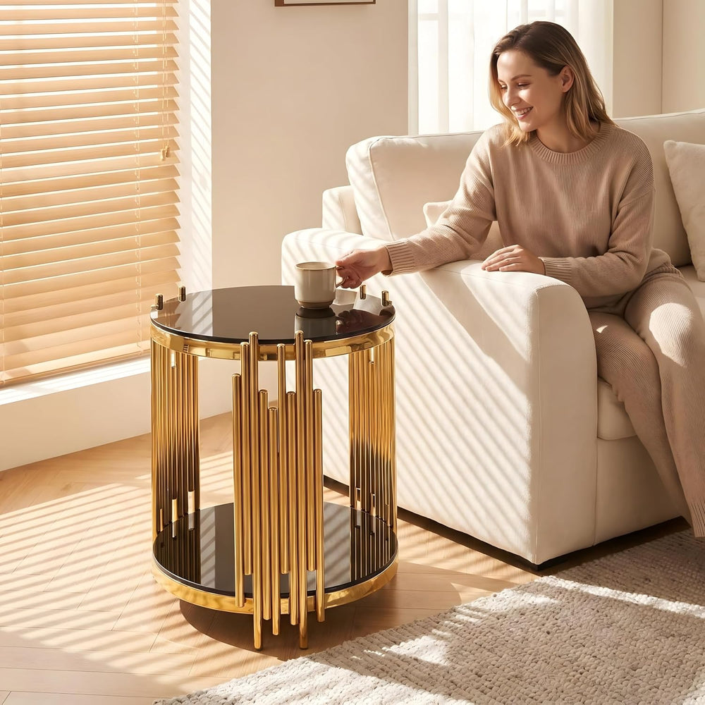 Modern End Table with Black Glass Top,Oval End Tables with Gold Legs,Living R...