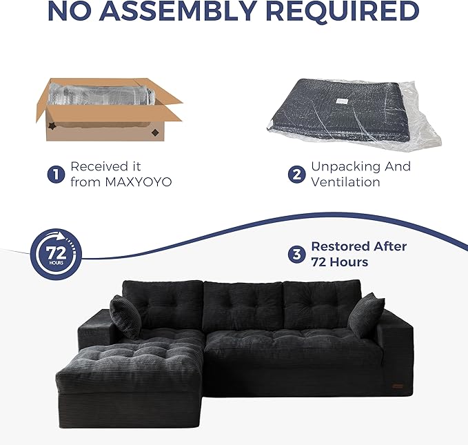 MAXYOYO 104" L Shaped Modular Sectional Sofa with Ottoman, Cloud Boneless Couch with Layered Cushion, Upholstered Sofa in a Box, Flexible Module Combination for Living Room, No Assembly, Black