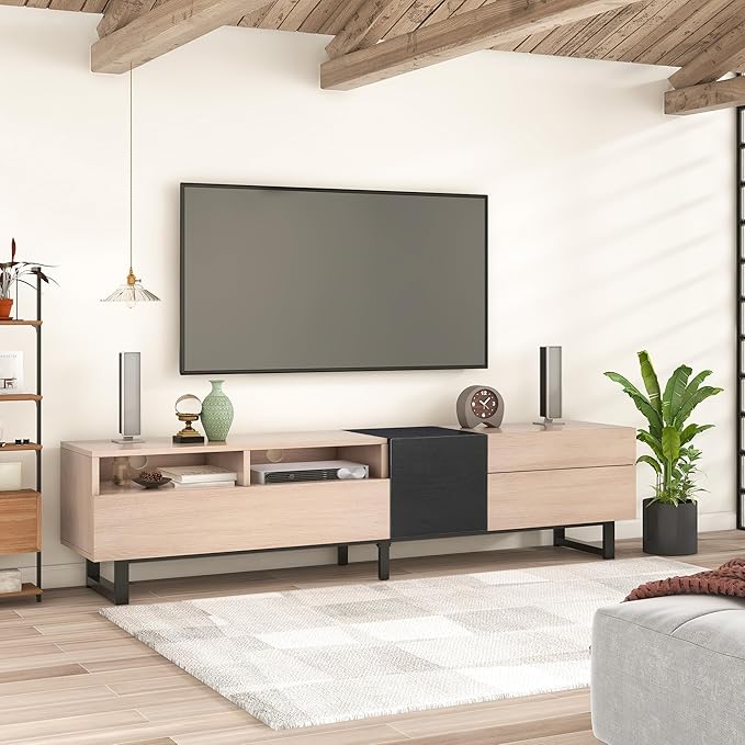 Ball & Cast 70" Modern TV Stand for TVs up to 80", Media Console with Drop-Down Door, 2 Drawers & Adjustable Shelf, Entertainment Center w/Ample Storage for Living Room, Home Theatre, Natural Wood