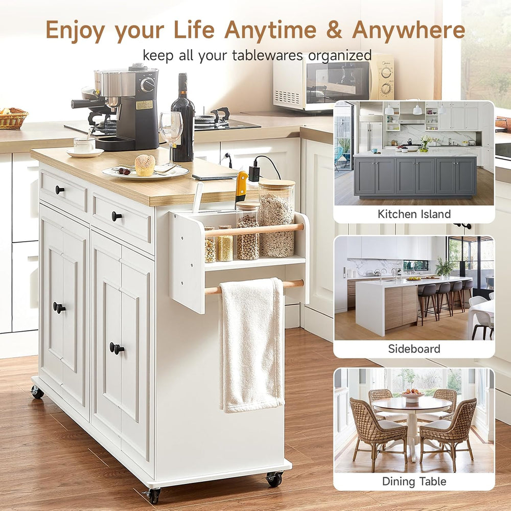 ONBRILL 58" Kitchen Island with Power Outlet, Rolling Kitchen Cart, White