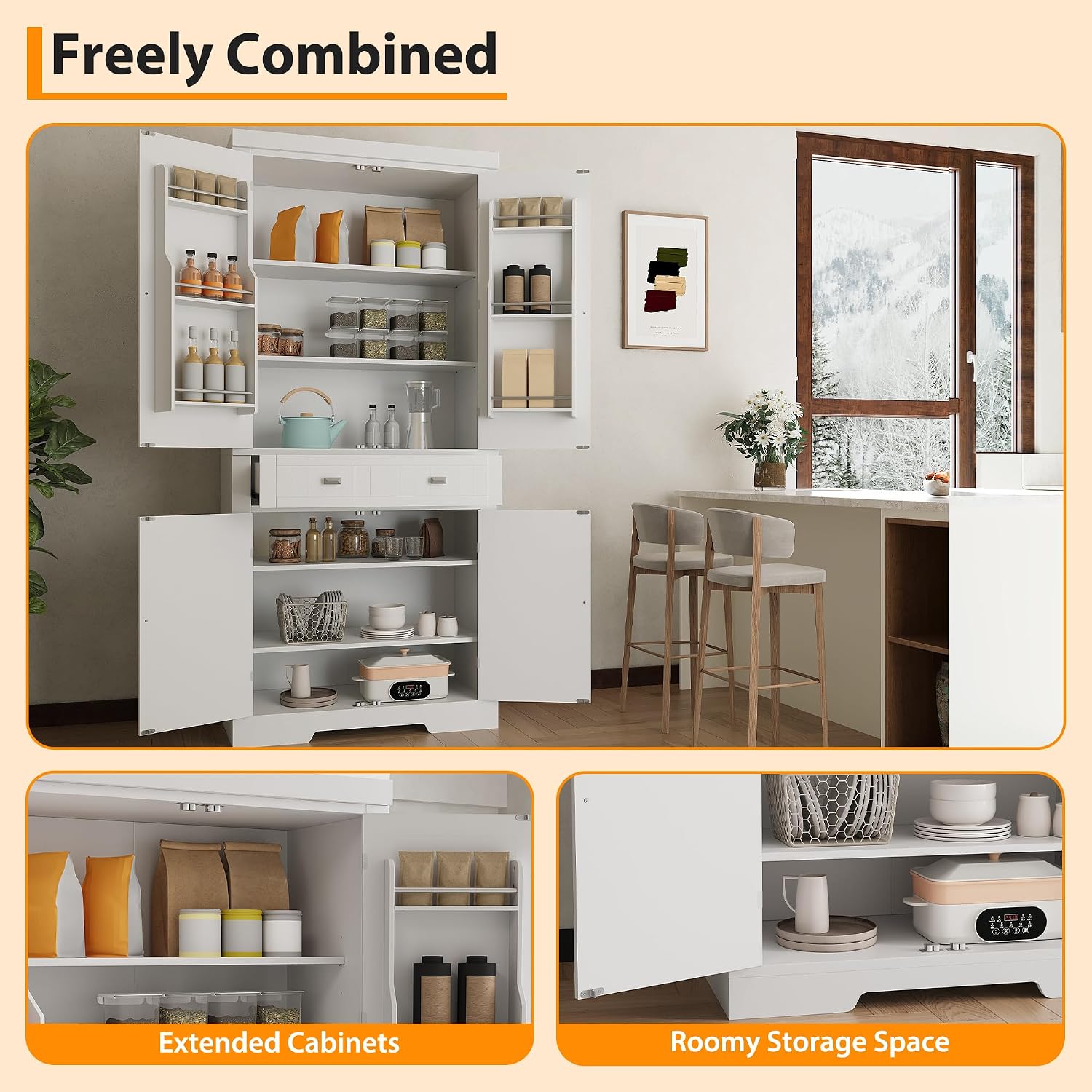 GAOMON 72in Tall Kitchen Pantry Cabinet, Farmhouse Large Cupboard Storage Cabinet with Adjustable Shelves 6 Door Racks for Living Dining Room Laundry,White