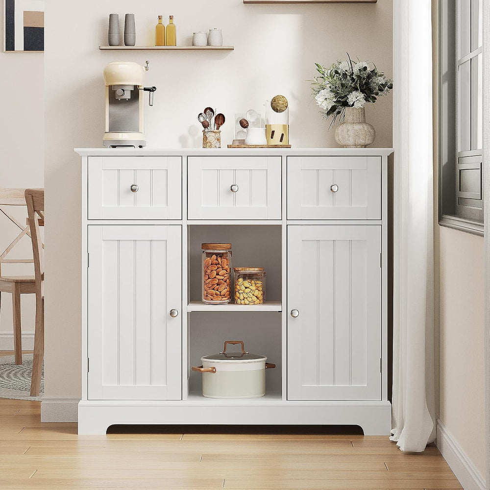ChooChoo 35.4" Coffee Bar Cabinet with 3 Drawers and 2 Doors, White