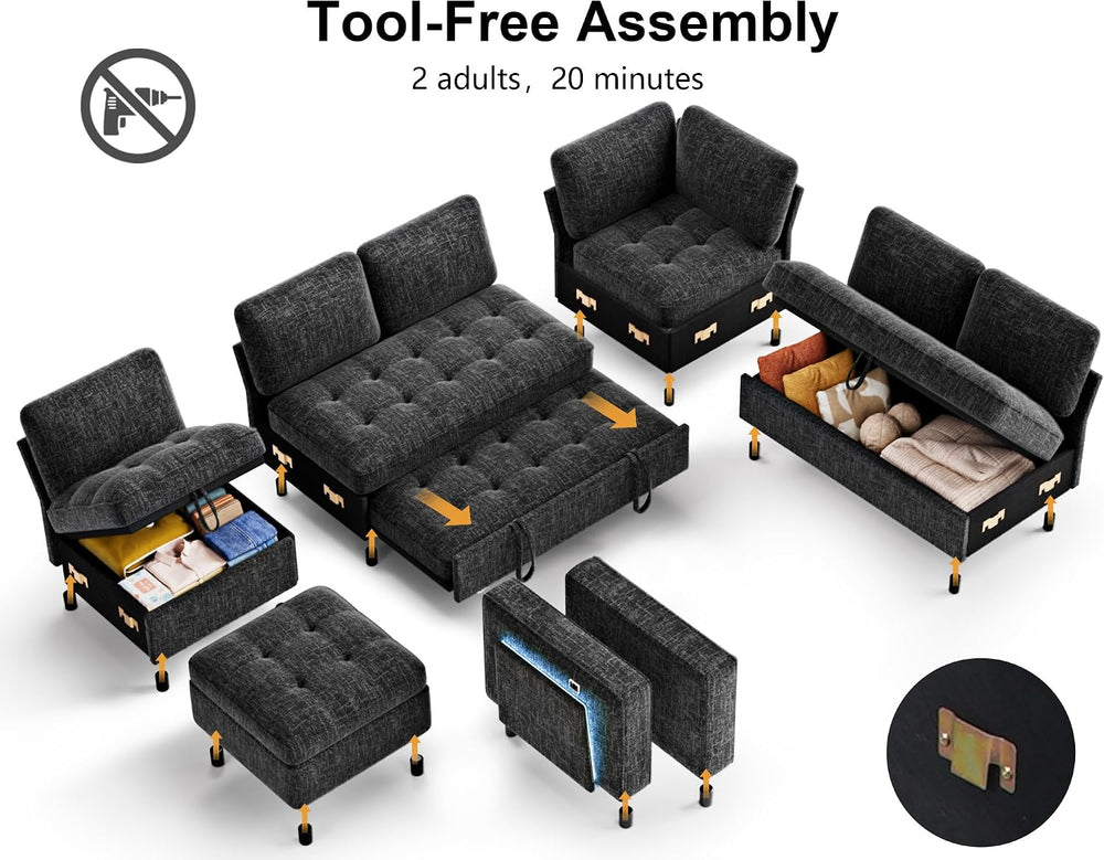 WEUP 7 Seat L Shaped Sectional Sleeper Sofa Bed with Pull Out Bed, Chenille S...