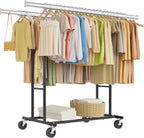 Tajsoon Double Rod Clothes Rack Load 480 LBS, Heavy Duty Rolling Garment Rack with Wheels, Collapsible Clothing Rack for Hanging Clothes, Commercial Adjustable Clothes Rack with Shelf, Black