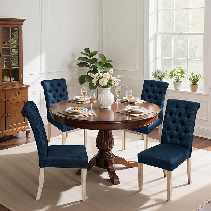 CHUN YI Dining Chairs Set of 4, Button Tufted Upholstered Fabric Dining Room Chairs with Solid Wood Legs and Curved Back, Parsons Side Chairs for Kitchen, Navy
