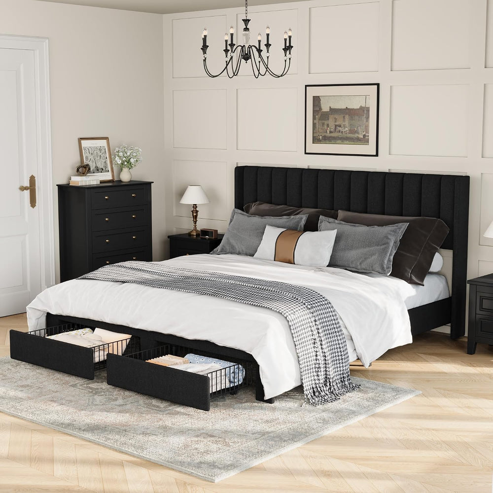 Takywep Upholstered Platform Bed with Wingback Headboard and 2 Drawer, King