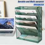 EASEPRES 6 Tier Desk File Organizer, Mesh Hanging Wall Mount Document Organization Stand, Desktop Vertical Mail Paper Folder Holder Rack with Bottom Tray for Office Cubicle, Sides Closed, Dark Green