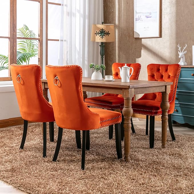 Velvet Kitchen Chairs Set of 6, Tufted Upholstered Dining Room Chairs with Back Ring Pull, Nailhead Trim and Solid Wood Legs, Modern Dining Chairs for Dining Room, Kitchen,Orange