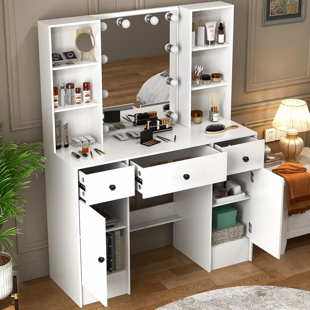 White Dressing Table with Mirror and Lights, Makeup Vanity Desk with 3 Drawer...