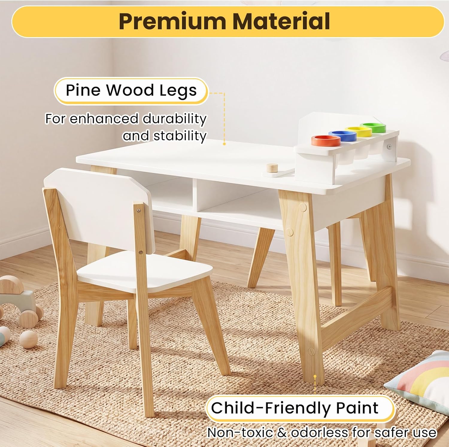 Olakids Kids Art Table and Chair Set, Wooden Multi Activity Desk with Roll Paper 2 Storage Shelves 4 Paint Cups, Toddler Furniture for Crafts Arts Playing Drawing