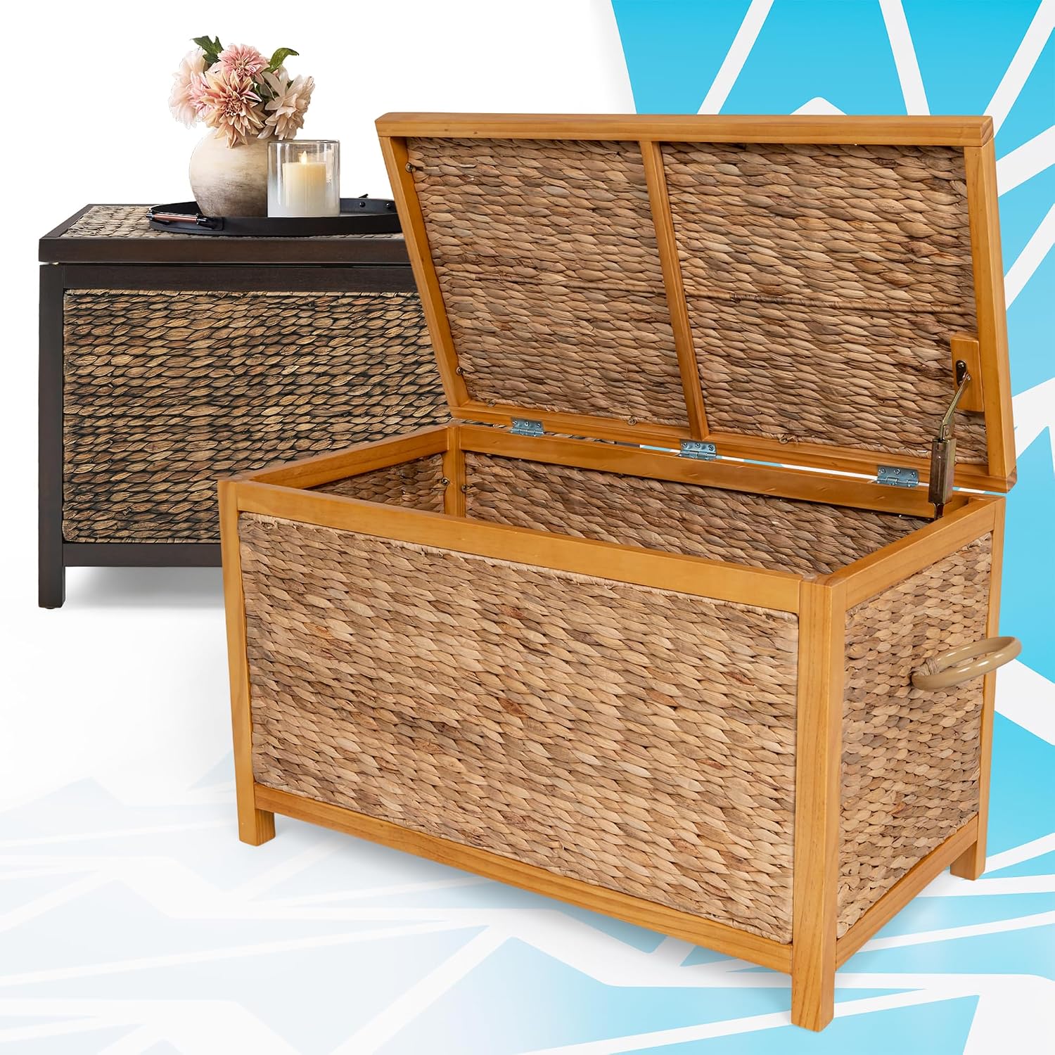 Click365 Wilson Wicker Storage Trunk with Lid, 30 Inch Handwoven Water Hyacinth Storage Chest with Acacia Wood Frame, Farmhouse Blanket Basket for Living Room, Bedroom or Entryway, Natural Brown