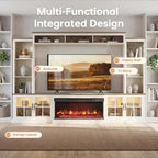White 98” Farmhouse TV Stand with Fireplace, Entertainment Center, Wall Unit Media Console with Bookshelf, Cabinet & Power Outlets & Barn Doors, Fits TVs Up to 75” for Living Room