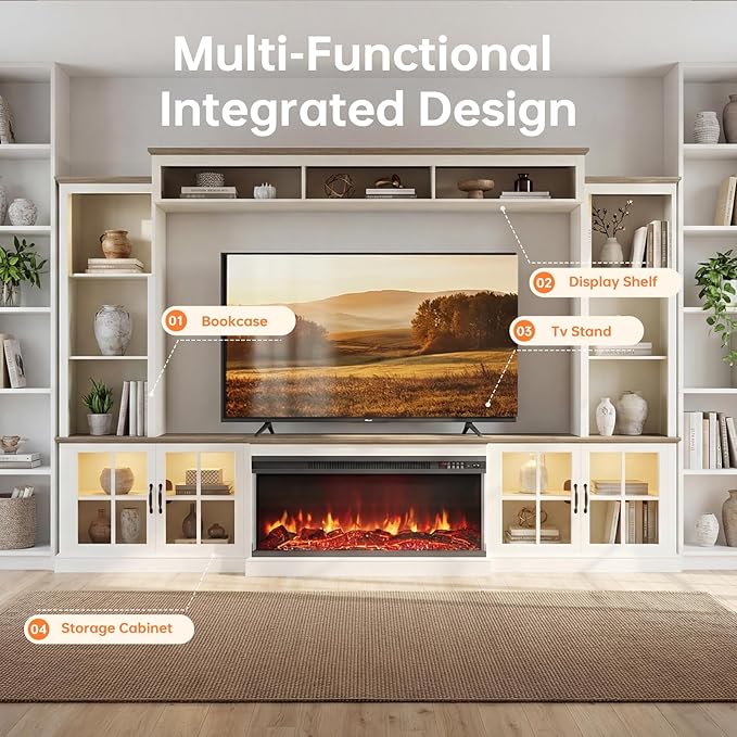 White 98” Farmhouse TV Stand with Fireplace, Entertainment Center, Wall Unit Media Console with Bookshelf, Cabinet & Power Outlets & Barn Doors, Fits TVs Up to 75” for Living Room