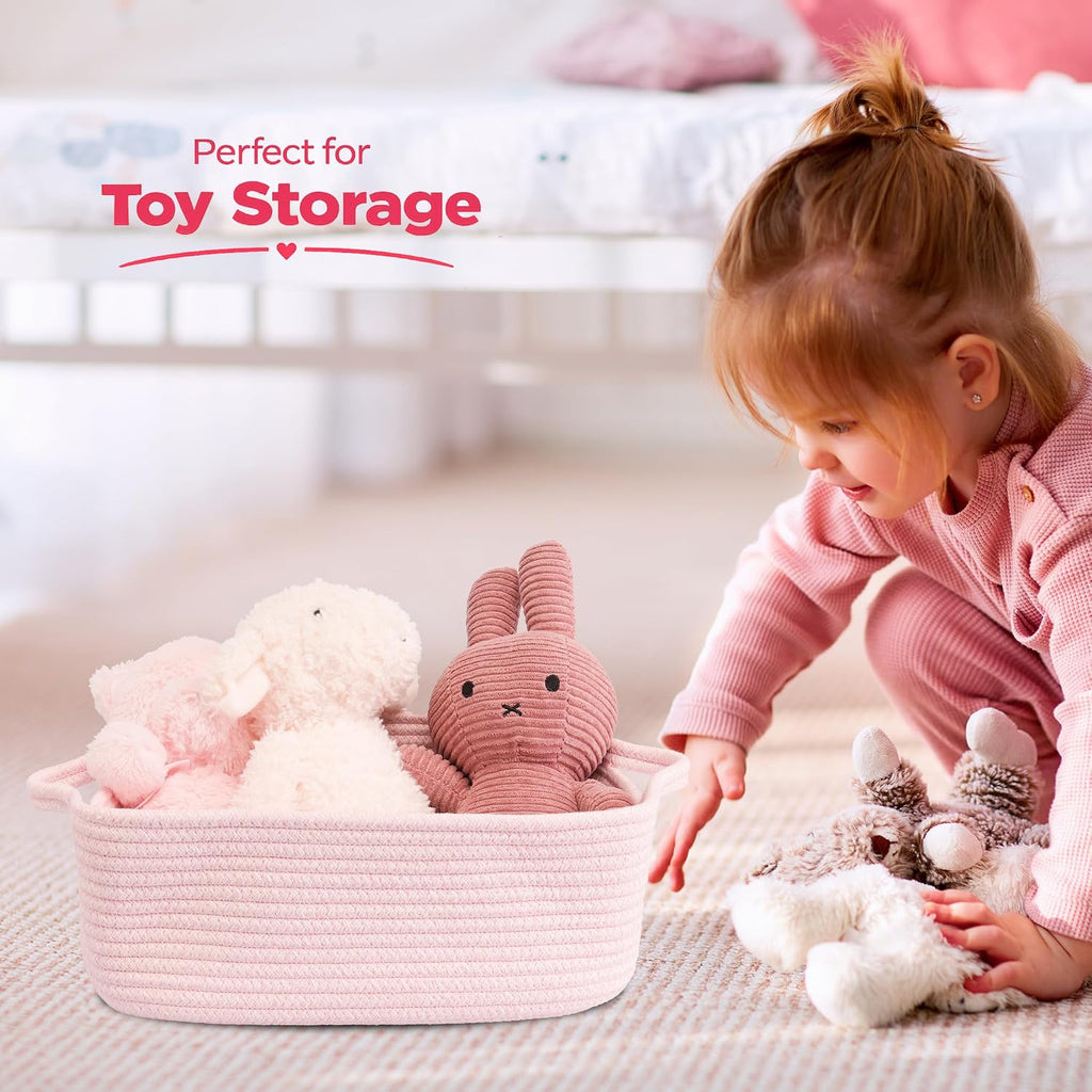 XUANGUO Medium Woven Cotton Rope Storage Basket with Handles, Light Pink | Small decorative rectangle storage bin for baby nursery items and cat toys; ideal as an empty gift basket or dog toy basket