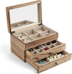 Meangood Jewelry Box Organizer for Women, 3 Layer Large Jewelry Storage Case, Rustic Wooden Jewelry Box with Mirror & Ring Tray for Necklace Earring Bracelets Rings, Vintage Style (Carbonized Black)
