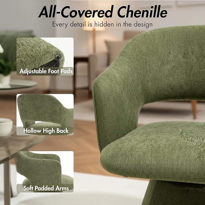 360° Swivel Dining Chair with Arms, Chenille Upholstered Barrel Accent Kitchen Chairs with Hollow High Back for Dining Room, Vanity Chair for Bedroom, Moss Green, 1PC