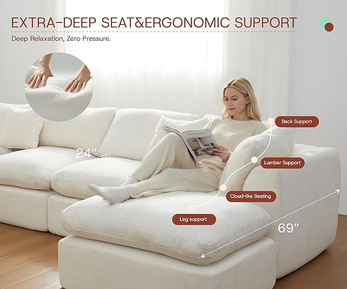 110'' Oversized Cloud Sectional Boneless Couch for Living Room, Modern Big Compressed L Shape Couch with Ottoman & 2 Throw Pillows, Comfy Chenille Deep Seat Memory Foam Spineless 4 Seater Sofa,Beige | Washable Covers, Premium Chenille, Versatile Style,...