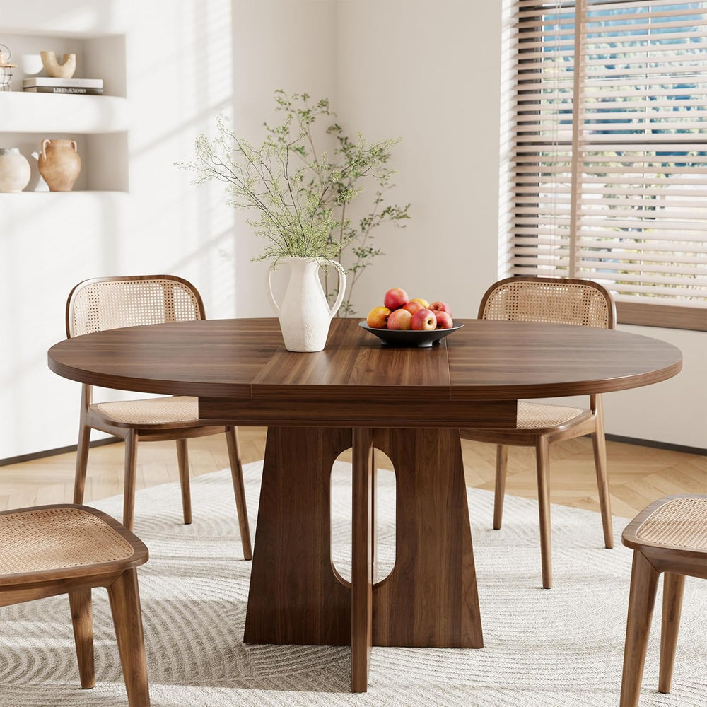 Epecoya 59-Inch Extendable Round to Oval Pedestal Dining Table, Farmhouse Woo...