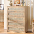 LEYAOYAO Rattan Dresser for Bedroom, 41" Tall Dressers Chest of Drawers, Boho Small Dressers with 5 Drawers, Natural Wood Dresser Wooden Closet Organizer for Living Room, Hallway