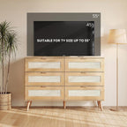 6-Drawer Rattan TV Stand | Boho Wood TV Console Fits Up to 55-inch TV for Living Room，Oak