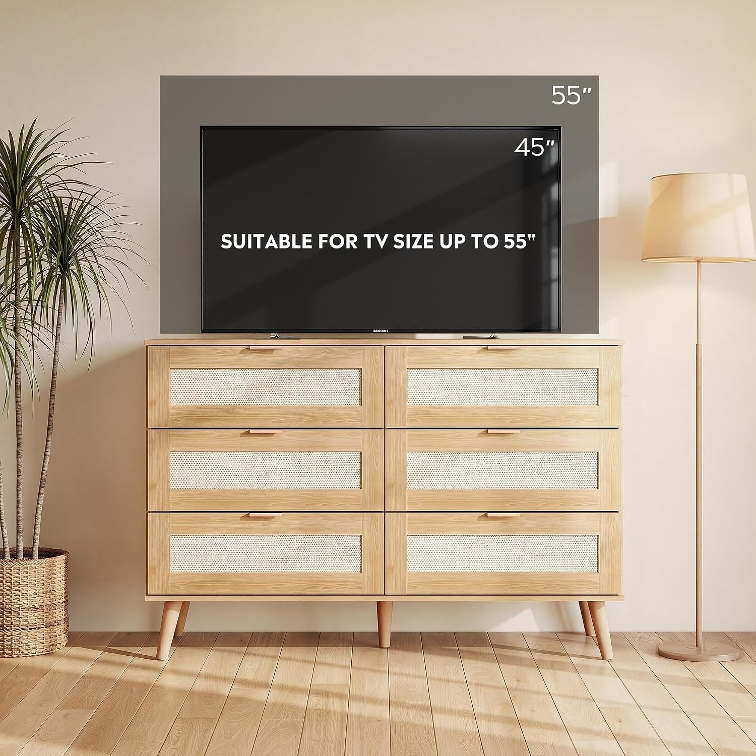 6-Drawer Rattan TV Stand | Boho Wood TV Console Fits Up to 55-inch TV for Living Room，Oak