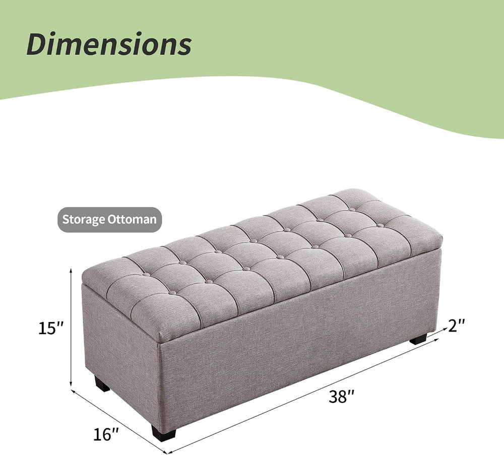 38-inch Grey Fabric Storage Ottoman Bench with Hinged Lid - Long End of Bed B...
