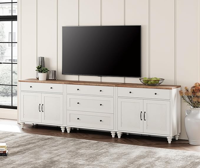 WAMPAT Farmhouse TV Stand for 100 Inch TV, 3-in-1 TV Console Table with 5 Dra...