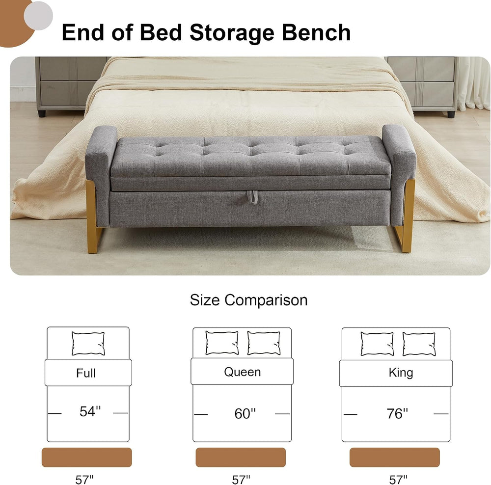 57" Storage Ottoman Bench，Upholstered Linen End of Bed Bench Entryway St...