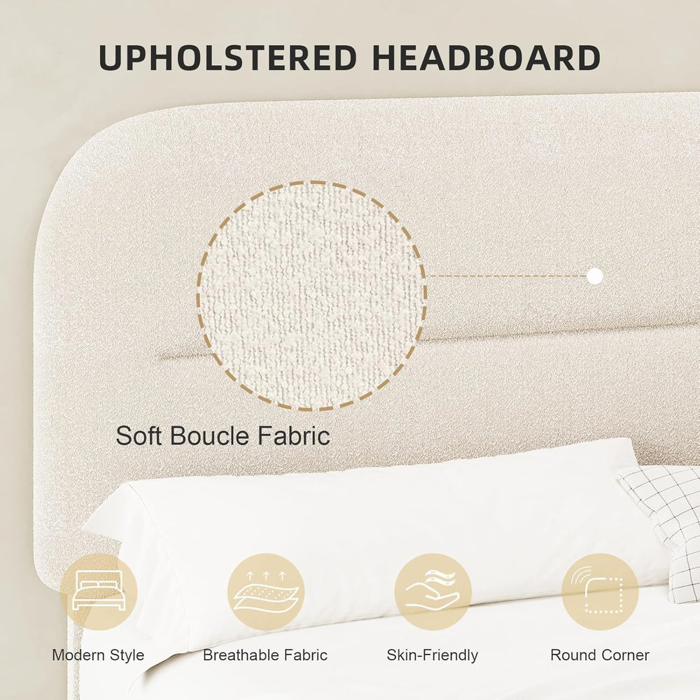 HOMBCK Queen Size Cloud Bed Frame, Cream Plush Boucle Upholstered Platform Be...