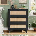 VIAGDO Rattan Nightstand with Charging Station, Black Rattan Night Stand with 3 Large Wicker Decorated Drawers, Boho Bedside Table, End Side Table, 3 Drawer Dresser for Bedroom