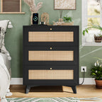 VIAGDO Rattan Nightstand with Charging Station, Black Rattan Night Stand with 3 Large Wicker Decorated Drawers, Boho Bedside Table, End Side Table, 3 Drawer Dresser for Bedroom