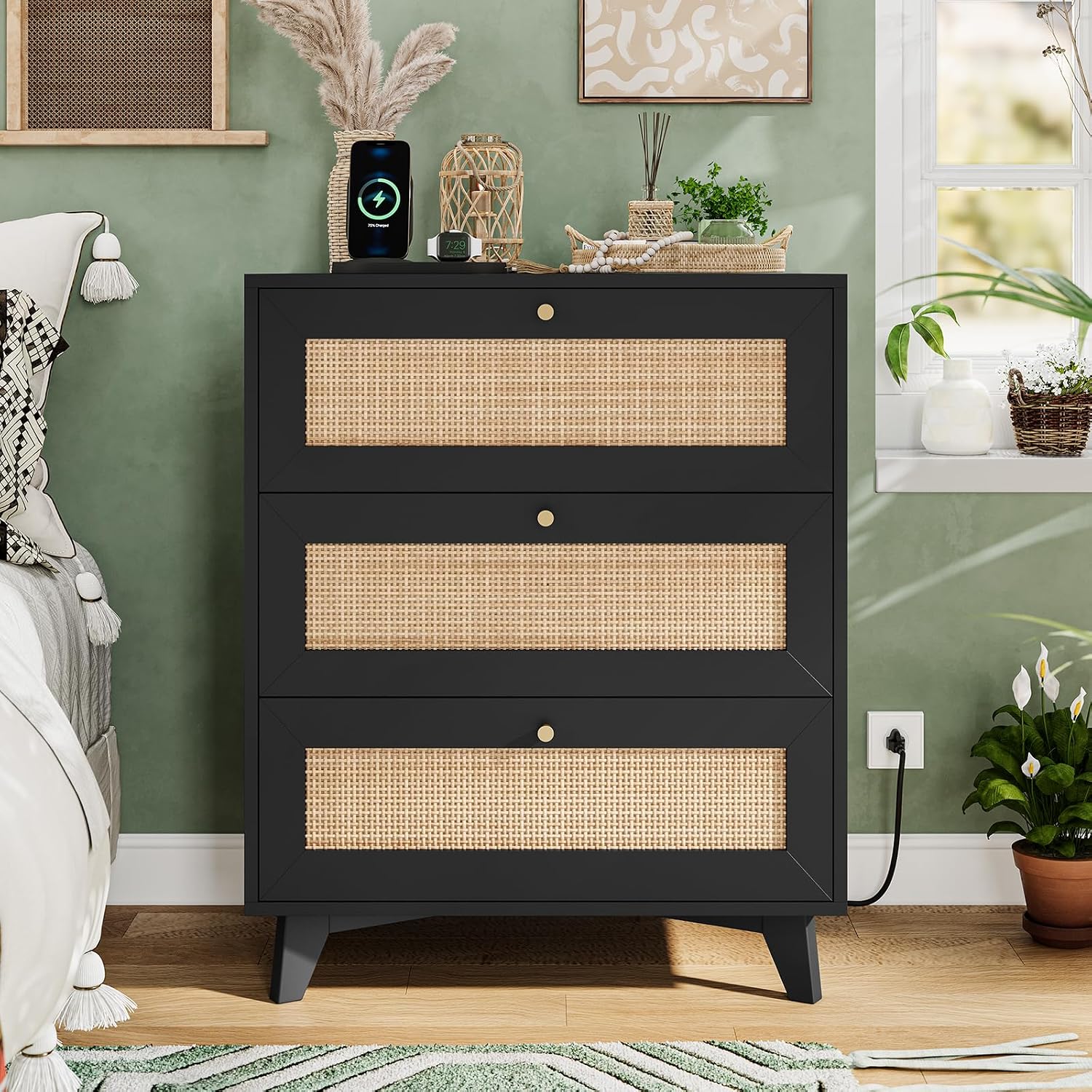 VIAGDO Rattan Nightstand with Charging Station, Black Rattan Night Stand with 3 Large Wicker Decorated Drawers, Boho Bedside Table, End Side Table, 3 Drawer Dresser for Bedroom