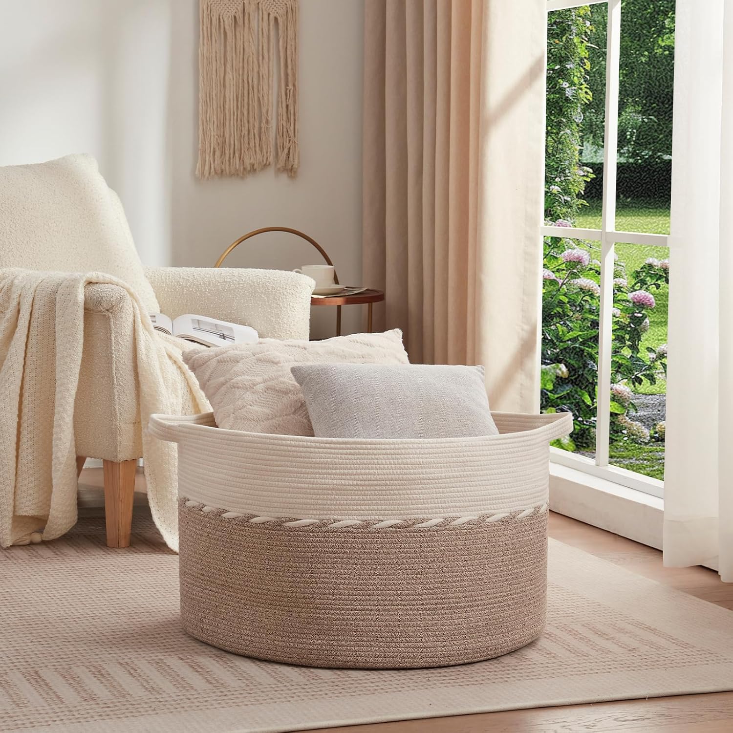 OIAHOMY 87L Extra Large Blanket Basket, 23" x 13", Jumbo Laundry Hamper, Cotton Rope Basket with Handles for Living Room,Baby Toy Storage Bins, Brown