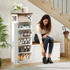 Shoe Cabinet with Bench, L-Shaped Shoe Bench, Storage Bench, Farmhouse Shoe Storage Cabinet with Adjustable Shelves, for Entryway, Living Room, and Stairwell, White and Walnut