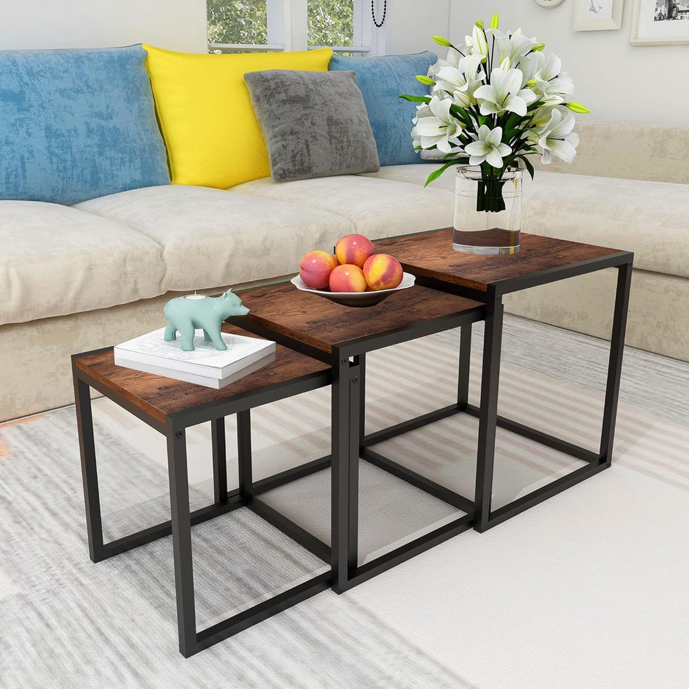 Nesting Coffee Table Set of 3, Stacking Metal Side Tables, Brown | Set of 3 N...