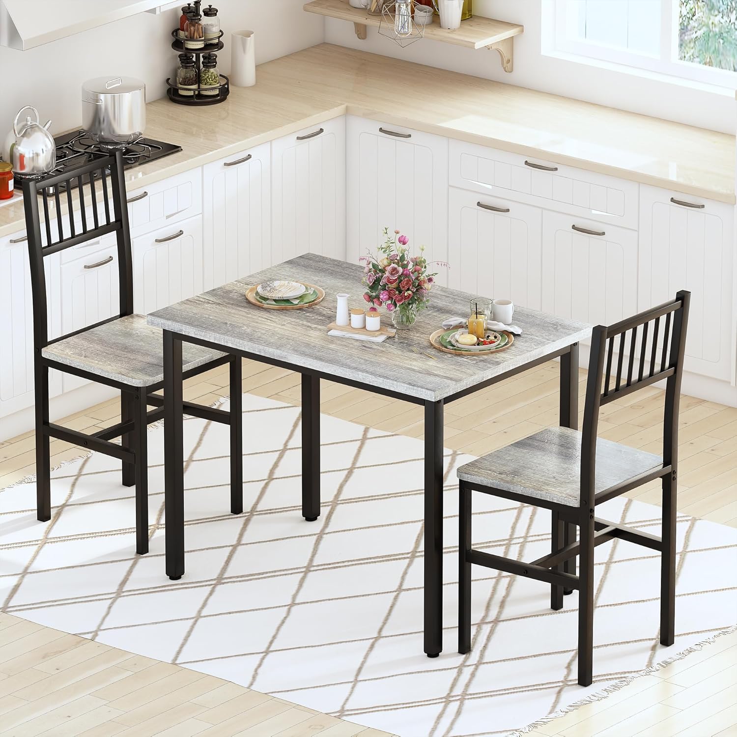 AWQM 3 Piece Dining Table Set for 2, Small Kitchen Table Set for 2 with Chairs,Wood Breakfast Nook Table and Chairs Set of 2,Dinette Set for Small Space,Dining Room,Apartment, Grey