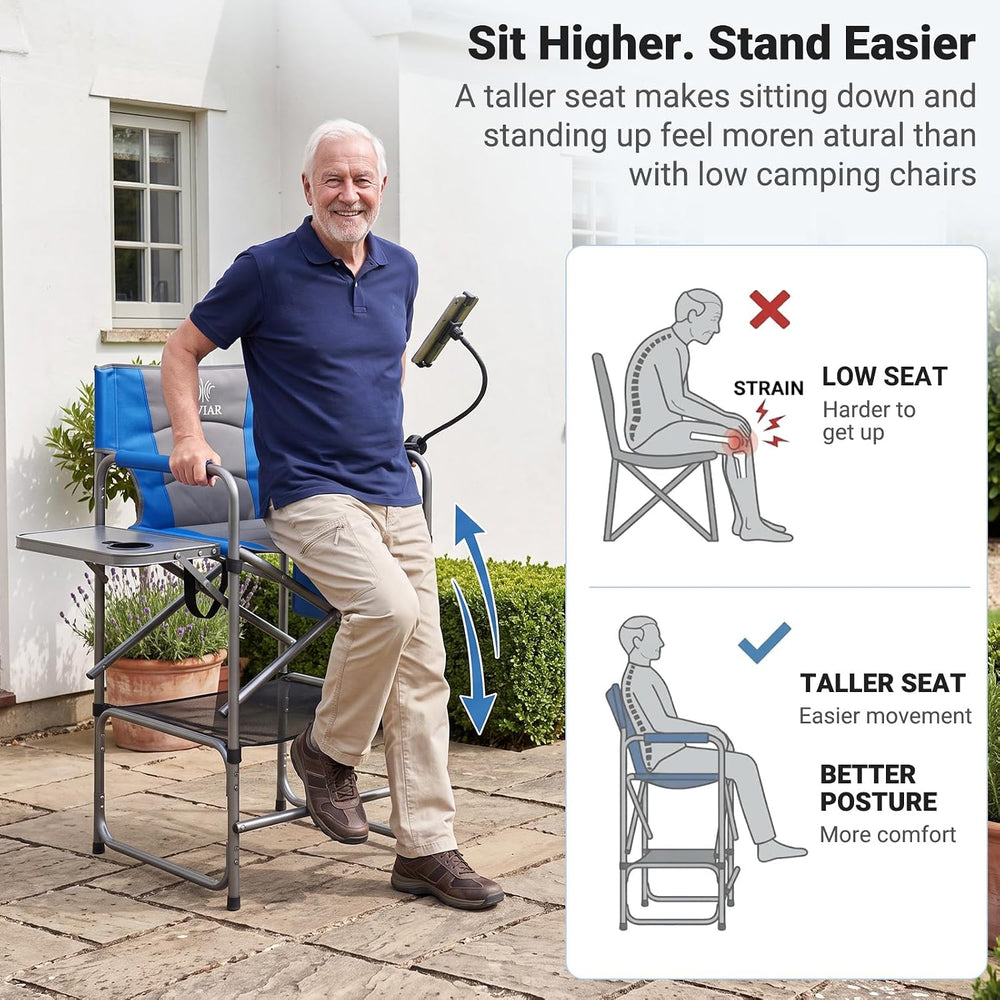 Tall Foldable Directors Chair with Tablet Holder for Camping