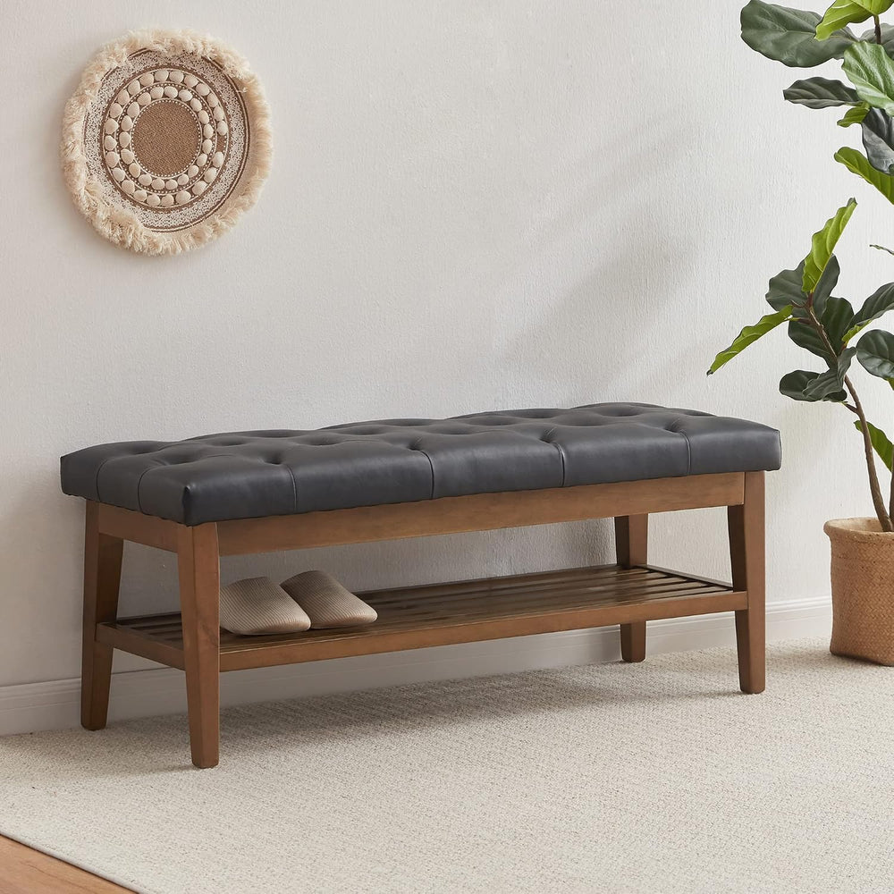 HUIMO PU Leather Entryway Shoe Bench, Button Tufted End of Bed Bench,Black | ...