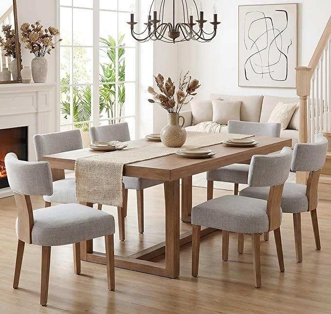 Mid Century Modern Dining Chairs Set of 4, Upholstered Wooden Dining Room Chairs, Farmhouse Kitchen Chairs, Accent Armless Side Chairs with Curved Back for Living Room, Grey Linen, 4PCS