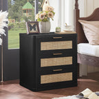 LEYAOYAO Rattan Night Stand with Charger Station, 23" Large 3 Drawer Boho Nightstand, Black Bedside Table Storage Cabinet, Bed Side End Tables for Bedroom, Living Room, Hallway