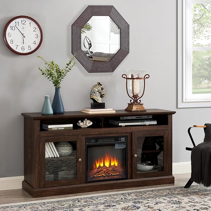 TV Stand with Electric Fireplaces: Rustic Wood TV Console for 65 Inch TV | Entertainment Center with Adjustable Shelves and Storage Cabinet for Living Room - Brown