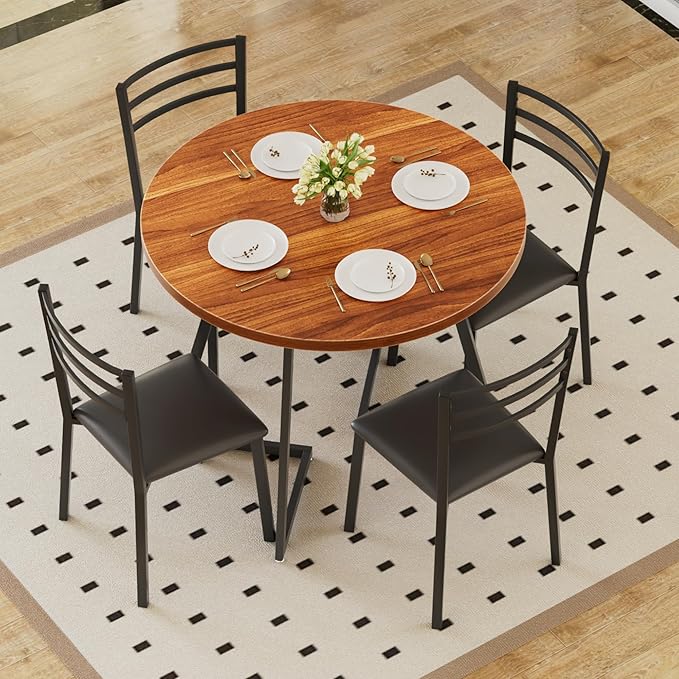 VECELO Round Dining Table Set for 4, Wood Tabletop & Heavy-Duty Steel Frame, 5-Piece Dinette with Chairs for Kitchen, Breakfast Nook, Walnut & Black